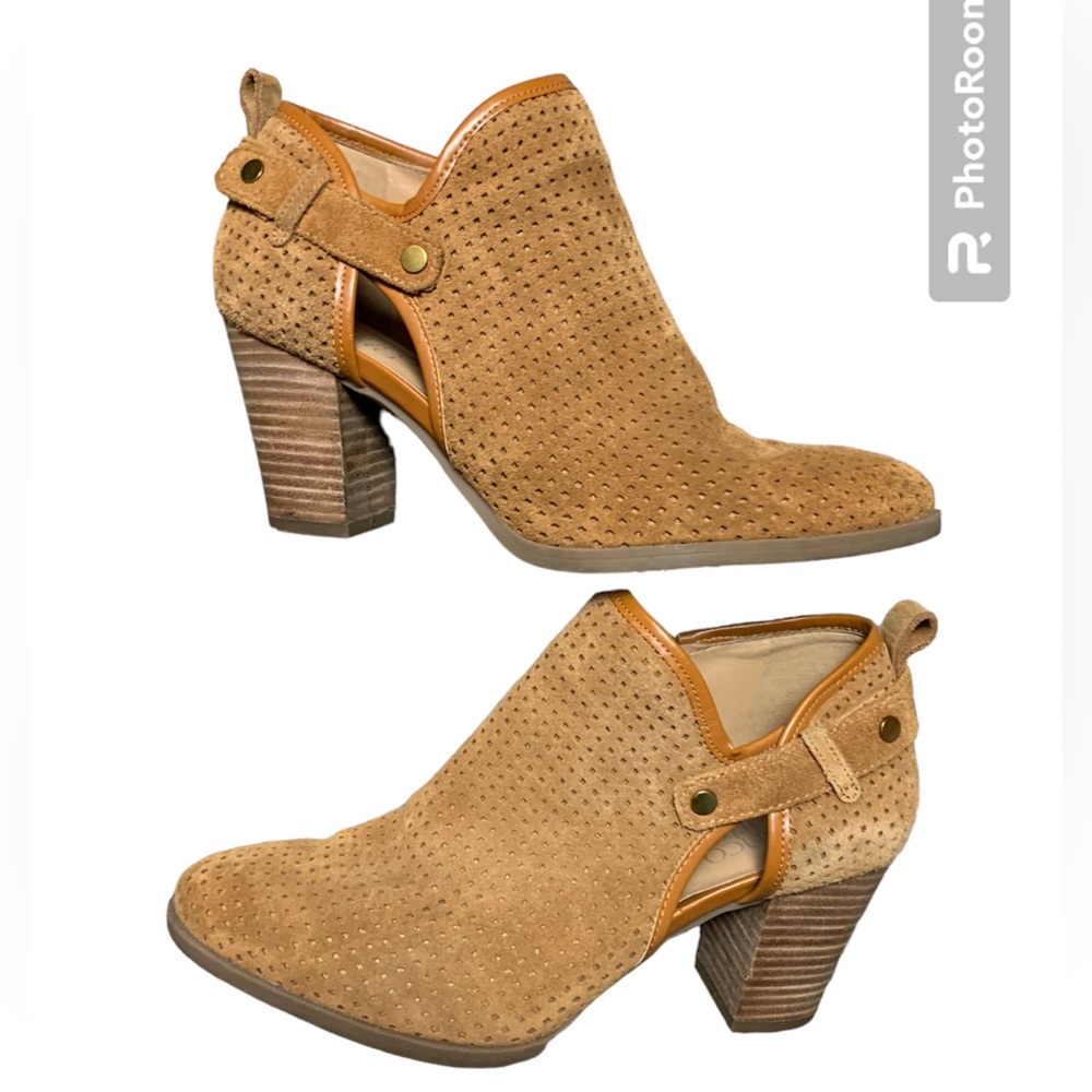 Franco Sarto Dakota Perforated Leather Ankle Booties Tan Brown 8M